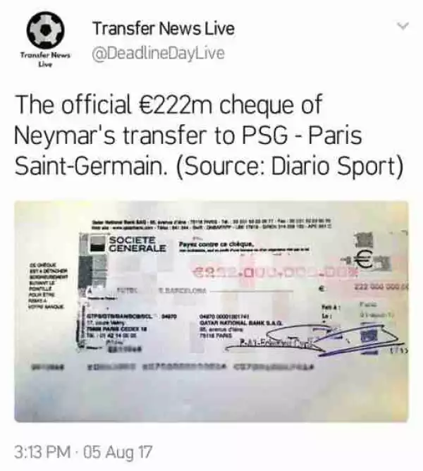 See The Official €222m Cheque Of Neymar